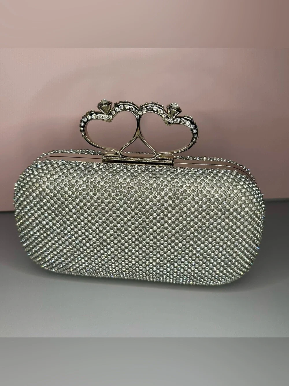 Silver Rhinestone Clutch Heart Clasp Crystal Evening Bag Wedding Prom Formal